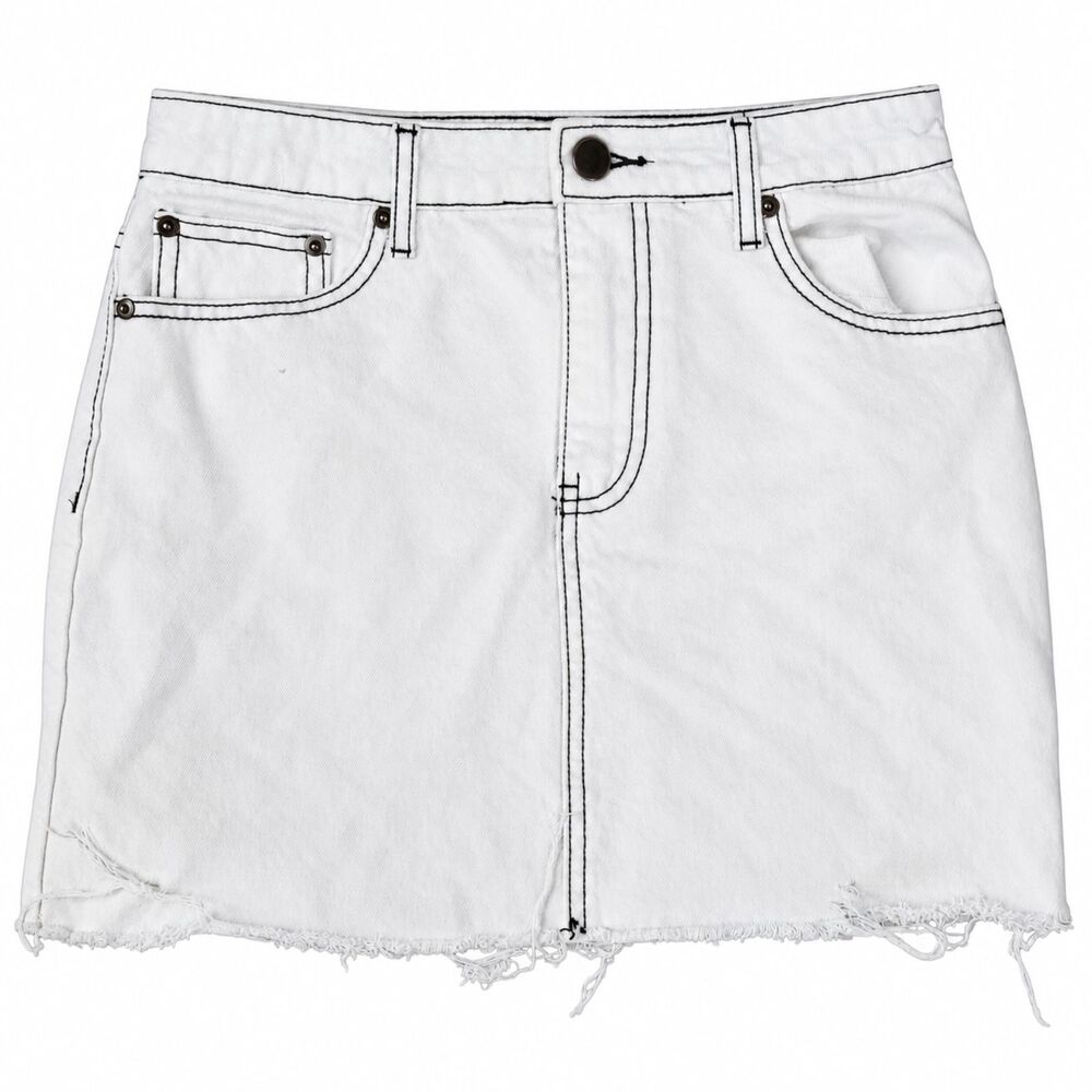 Forever 21 Women’s Size M White Denim Mini Skirt Black Stitching Distressed Hem